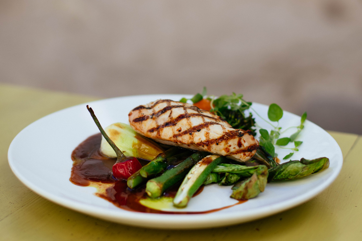 Grilled Meat With Green Ladies Finger Vegetable on White Ceramic Plate